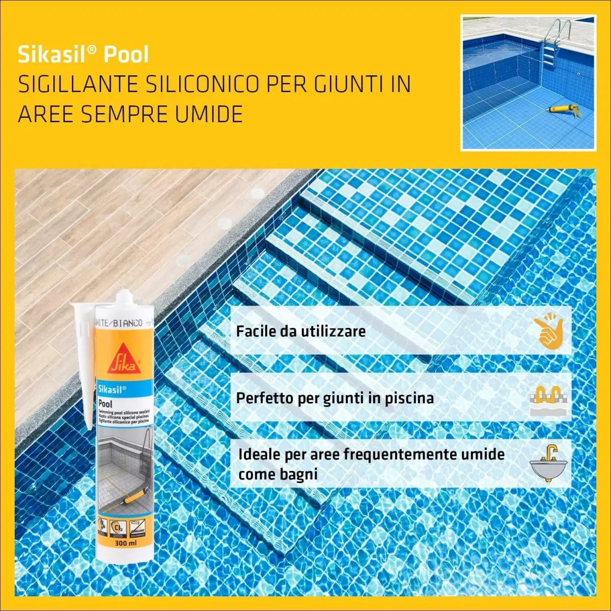 SikaSil Pool Sigillante Siliconico per piscine e aree bagnate 300ml - immagine 3